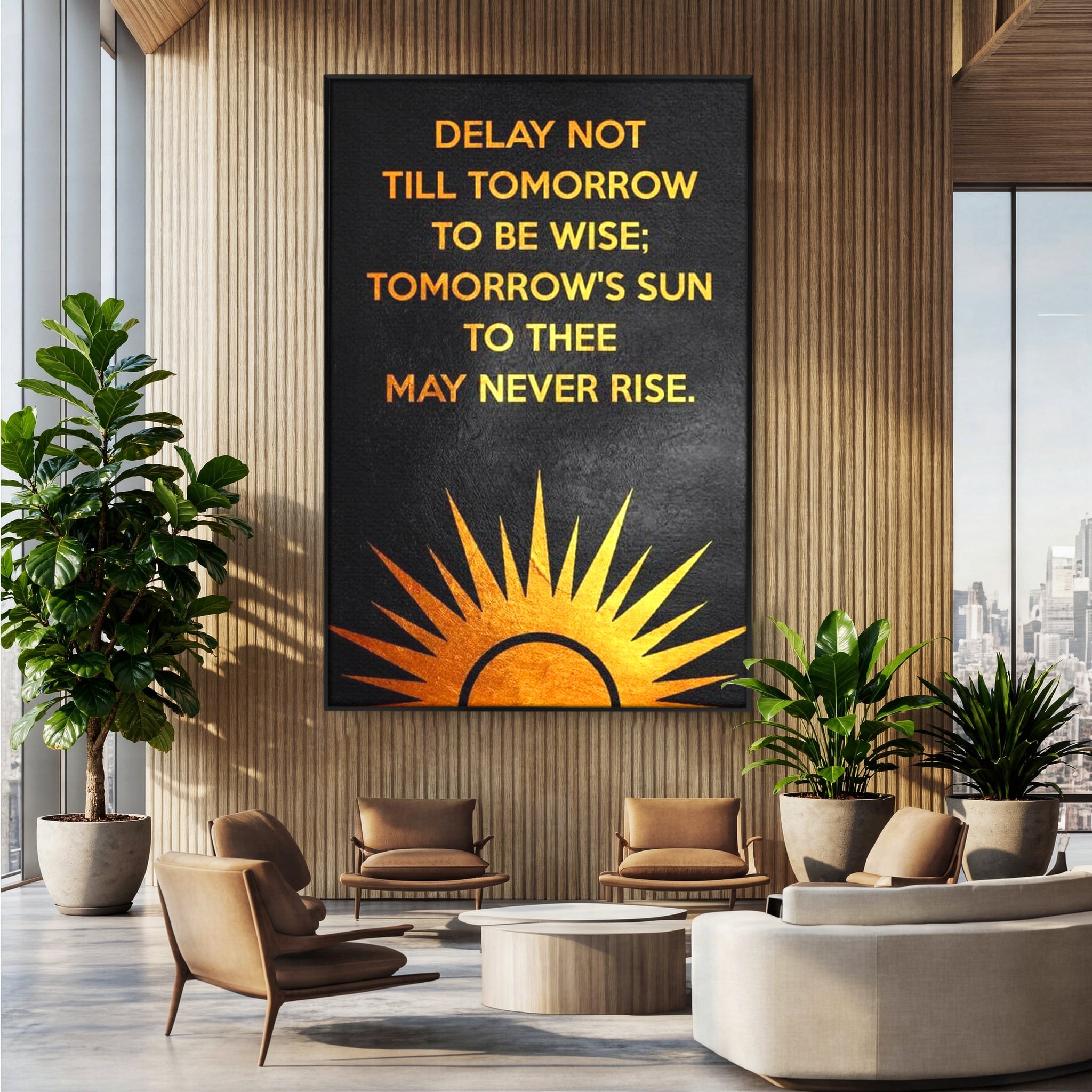 Tablou canvas cu tablou canvas motiv motivational negru si auriu, in rama de aluminiu negru, pe perete intr-un birou